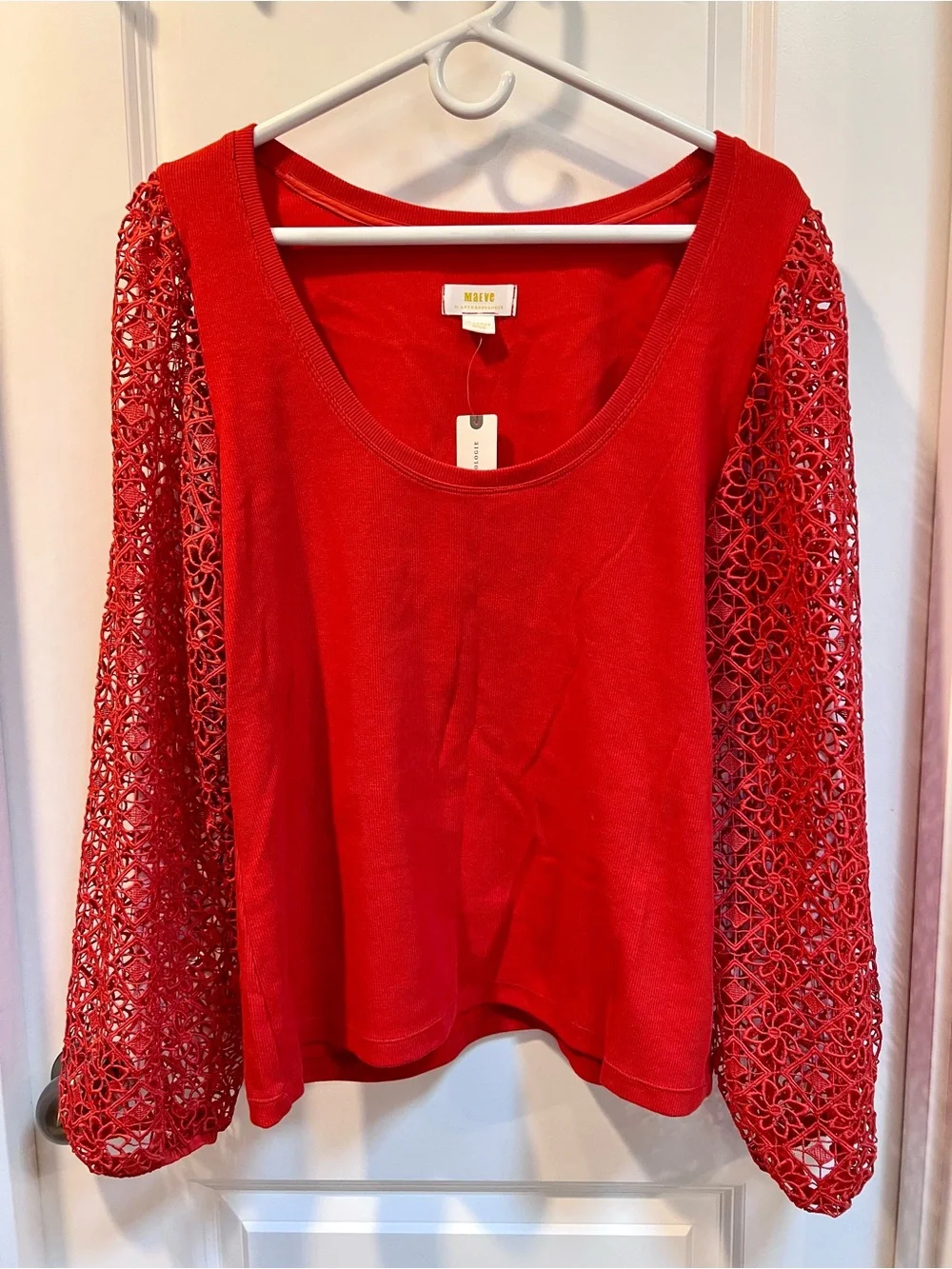 Anthropologie Maeve Red Orange Lace Crochet Balloon Puff Long Sleeve Knit Shirt